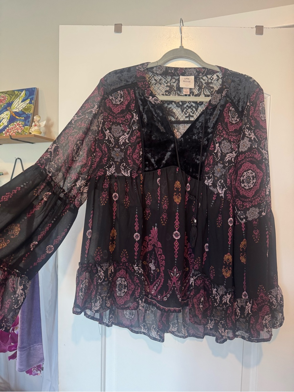 Knox Rose Black Boho Printed Peasant Blouse with Plum Accents